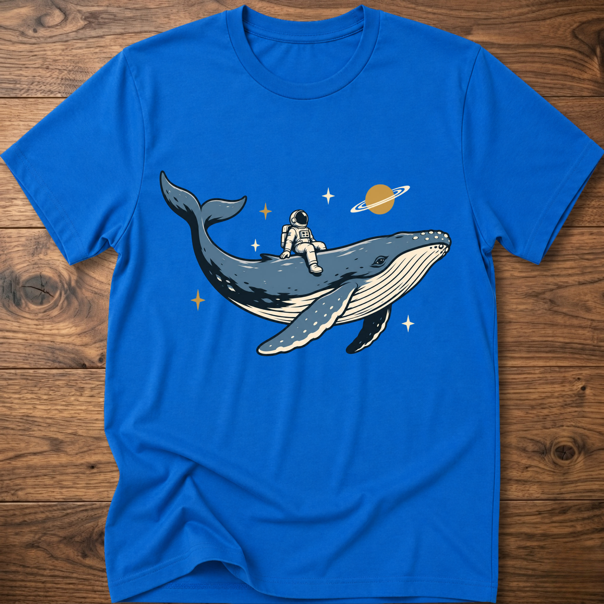 Royal blue T-shirt with astronaut riding space whale graphic