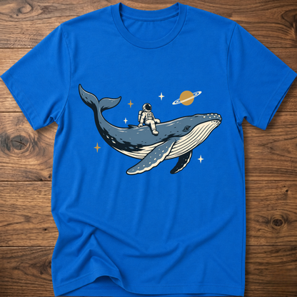 Royal blue T-shirt with astronaut riding space whale graphic