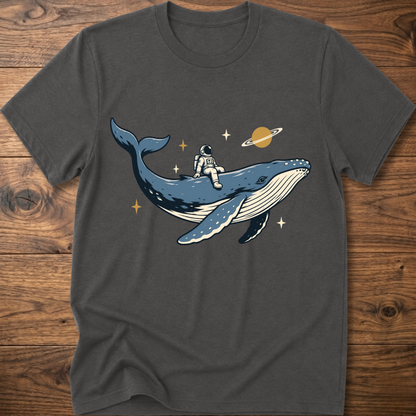 Charcoal gray T-shirt with astronaut riding space whale graphic