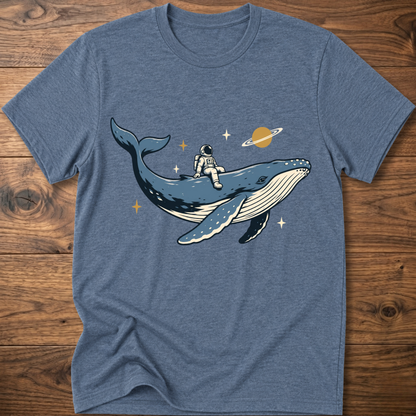 Heather blue T-shirt with astronaut riding space whale graphic