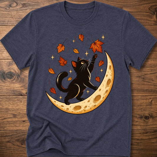 Heather navy cat t-shirt with black cat on orange moon and orange fall leaves