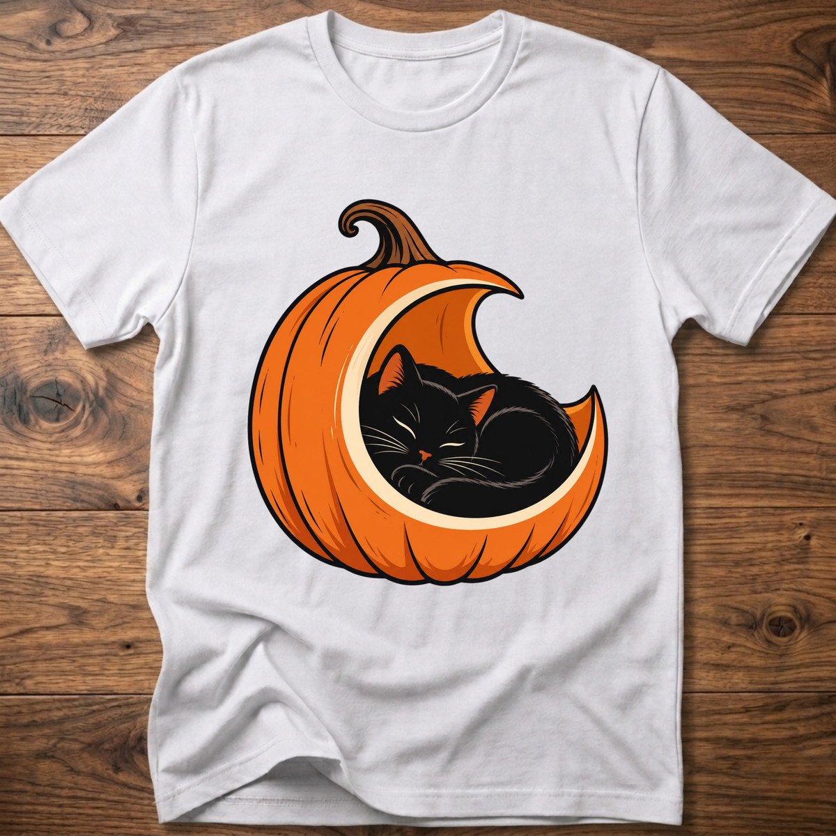 White t-shirt with orange pumpkin and black sleeping cat graphic on front