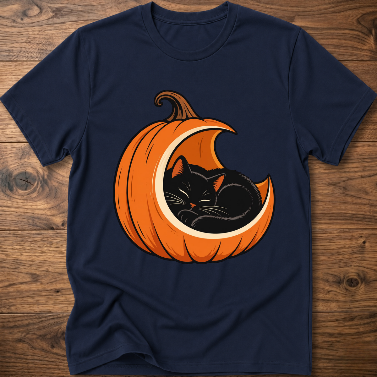 Navy t-shirt with orange pumpkin and black sleeping cat front graphic
