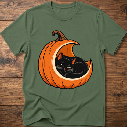 Military green t-shirt with orange pumpkin jack-o'-lantern cat graphic on front
