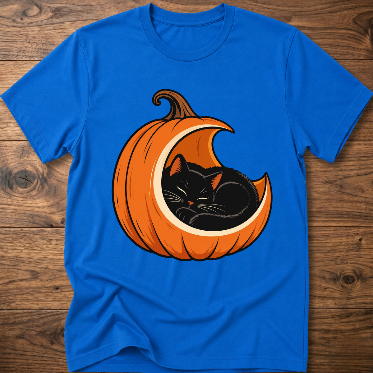 Royal blue t-shirt with orange jack-o'-lantern cat graphic on front