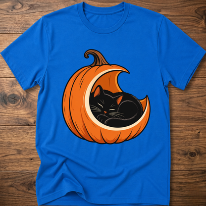 Royal blue t-shirt with orange jack-o'-lantern cat graphic on front