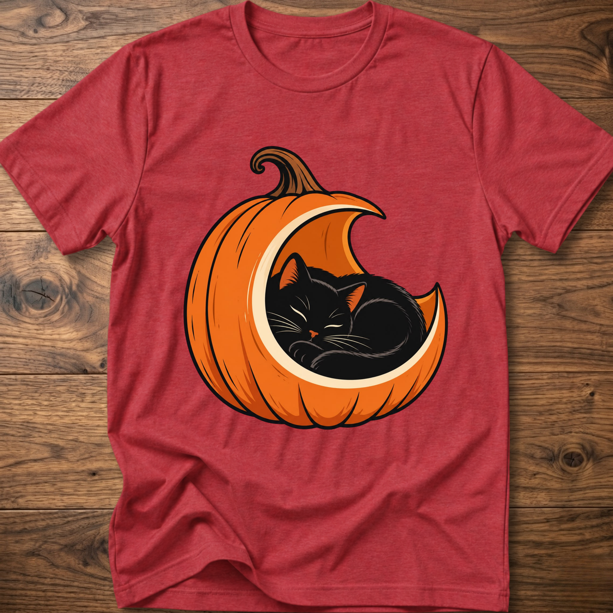 Heather red t-shirt with black cat sleeping inside orange jack-o'-lantern graphic