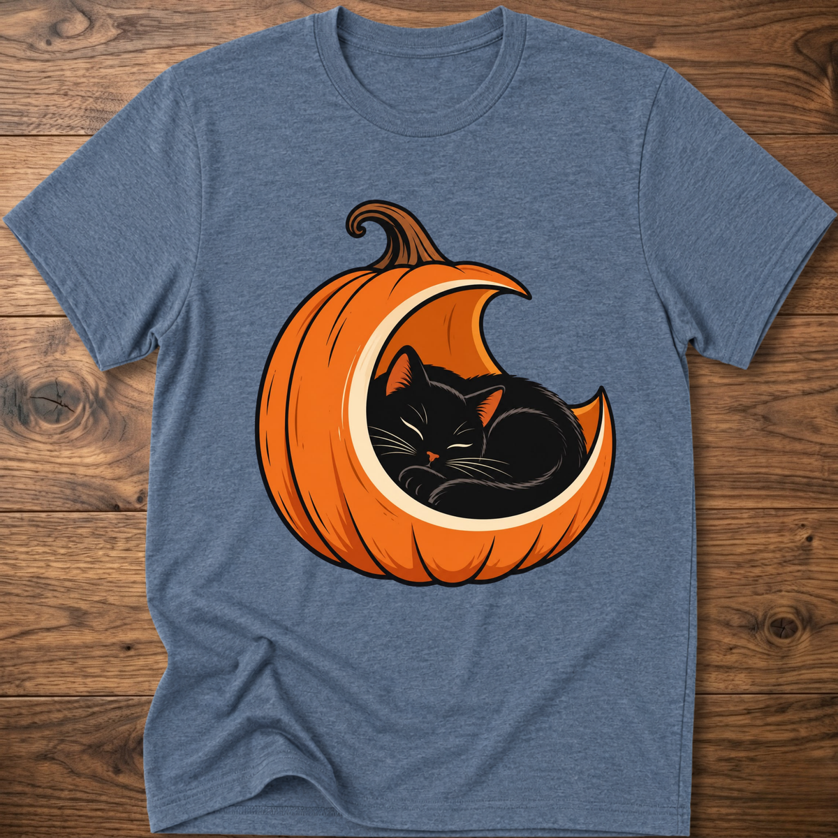 Heather indigo t-shirt with orange jack-o'-lantern and black cat graphic on front