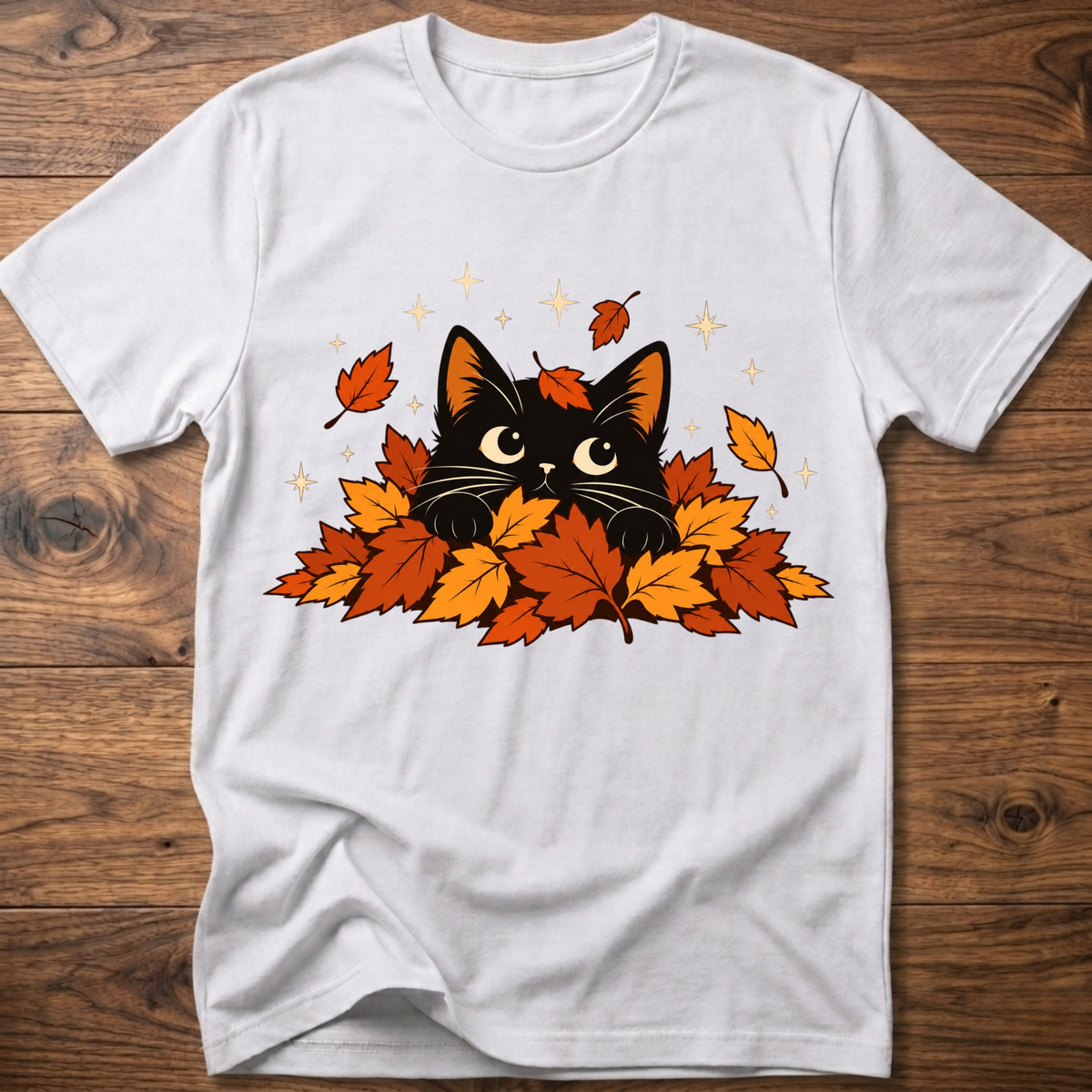 White cat T-shirt with black cat and orange autumn leaves graphic