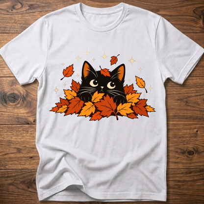 White cat T-shirt with black cat and orange autumn leaves graphic