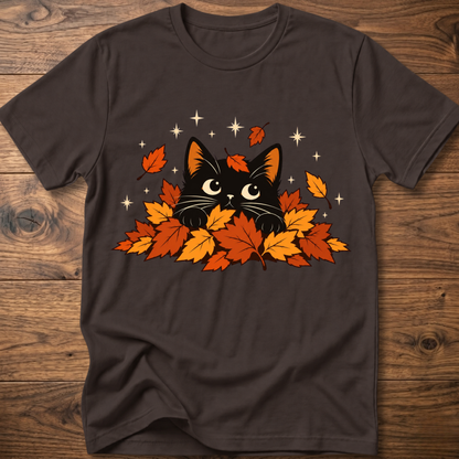 Dark chocolate cat T-shirt with black cat and orange autumn leaves graphic