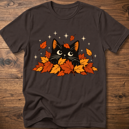 Dark chocolate cat T-shirt with black cat and orange autumn leaves graphic