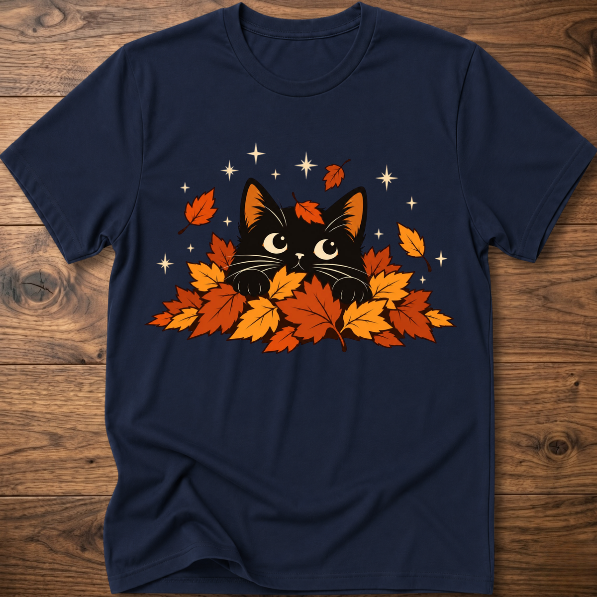 Navy cat T-shirt with black cat and orange autumn leaves graphic