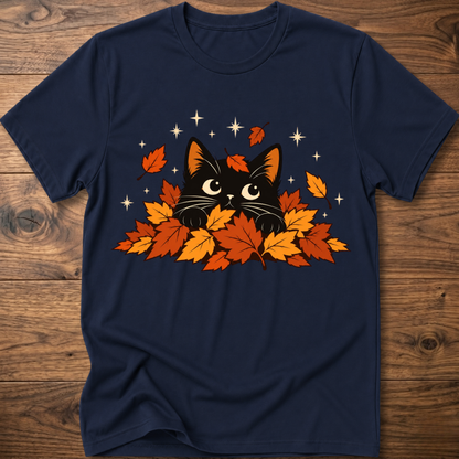 Navy cat T-shirt with black cat and orange autumn leaves graphic