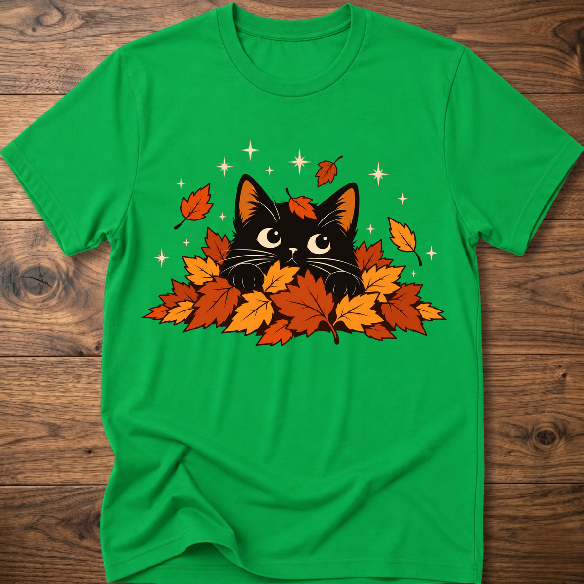 Irish green cat T-shirt with black cat and orange autumn leaves graphic