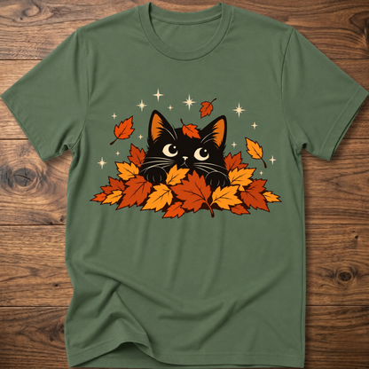 Military green cat T-shirt with black cat and orange autumn leaves graphic
