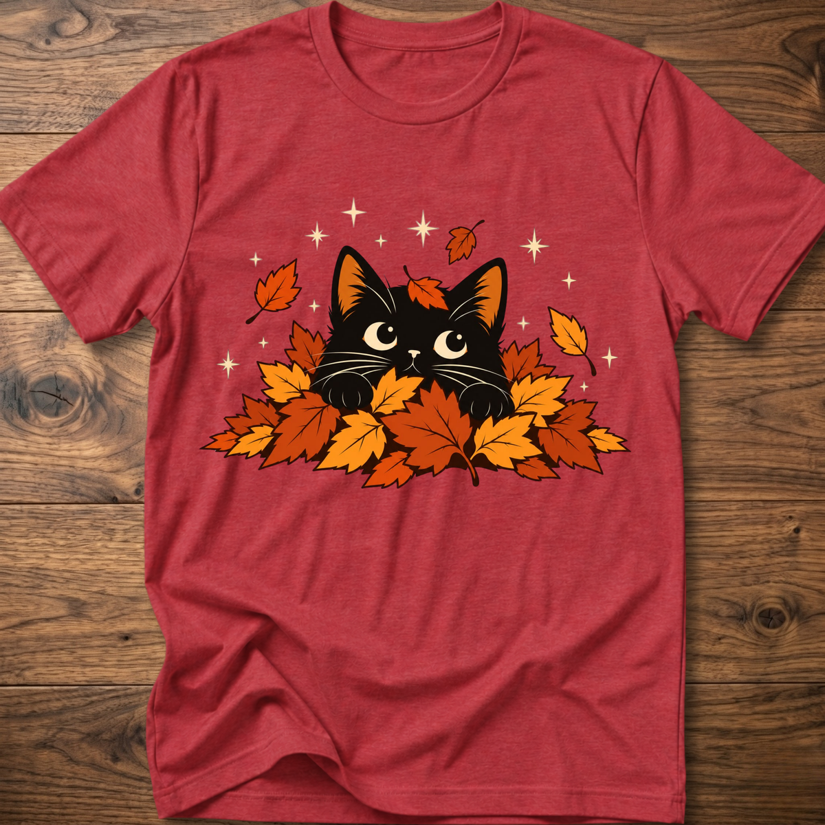 Heather red cat T-shirt with black cat and orange autumn leaves graphic