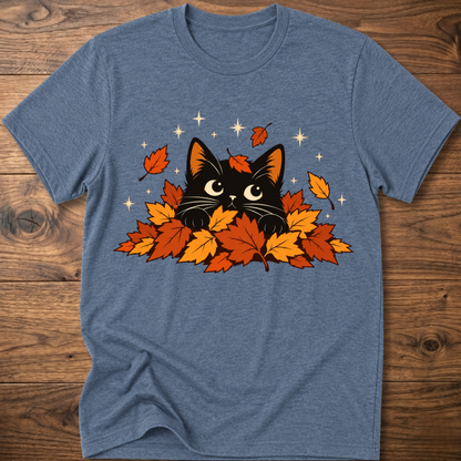 Heather indigo cat T-shirt with black cat and orange autumn leaves graphic