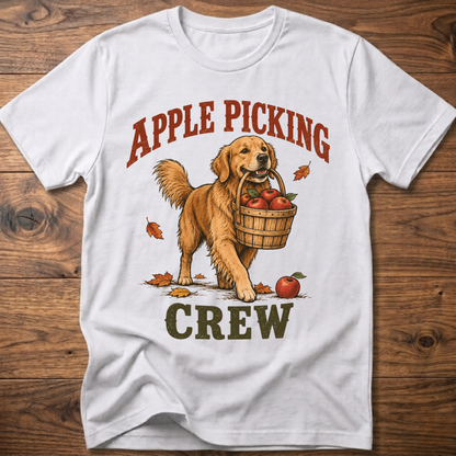 White dog T-shirt with “Apple Picking Crew” graphic and apple basket