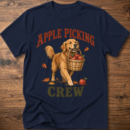 Navy dog T-shirt with “Apple Picking Crew” graphic and apple basket