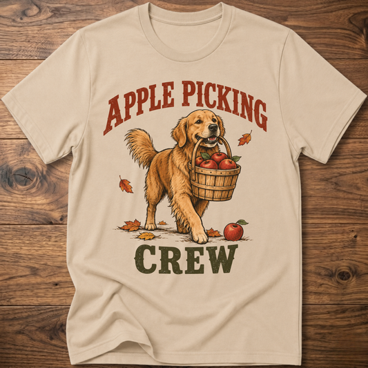Light sand dog T-shirt with “Apple Picking Crew” graphic and apple basket
