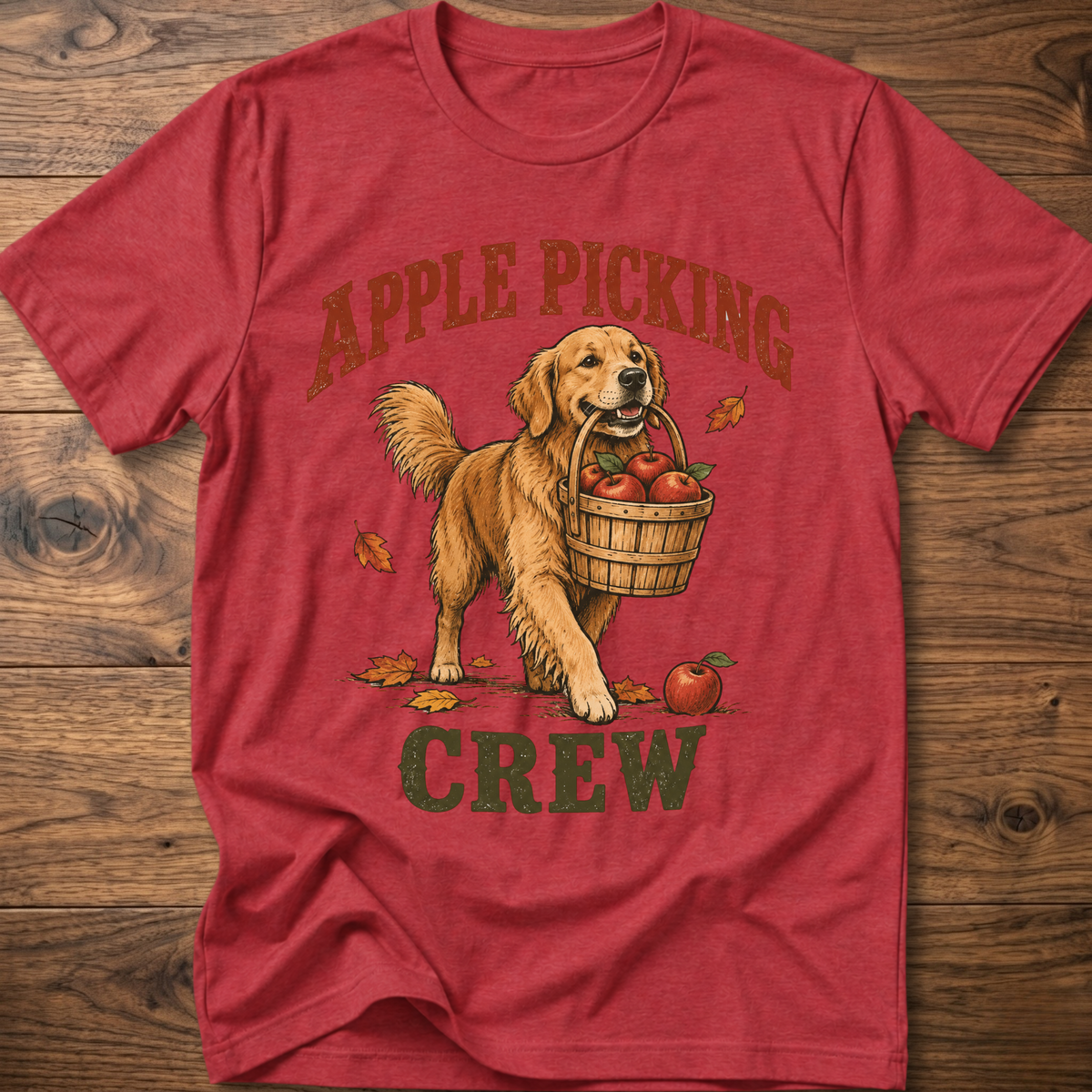 Red dog T-shirt with “Apple Picking Crew” graphic and apple basket