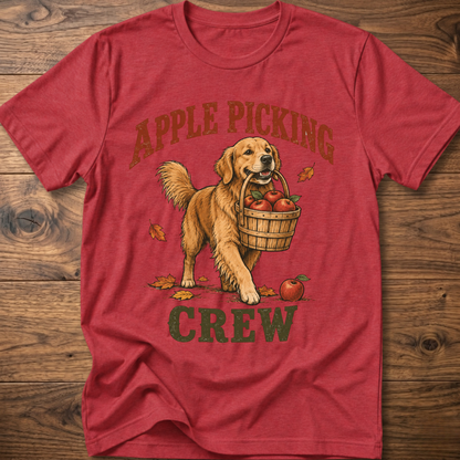 Red dog T-shirt with “Apple Picking Crew” graphic and apple basket