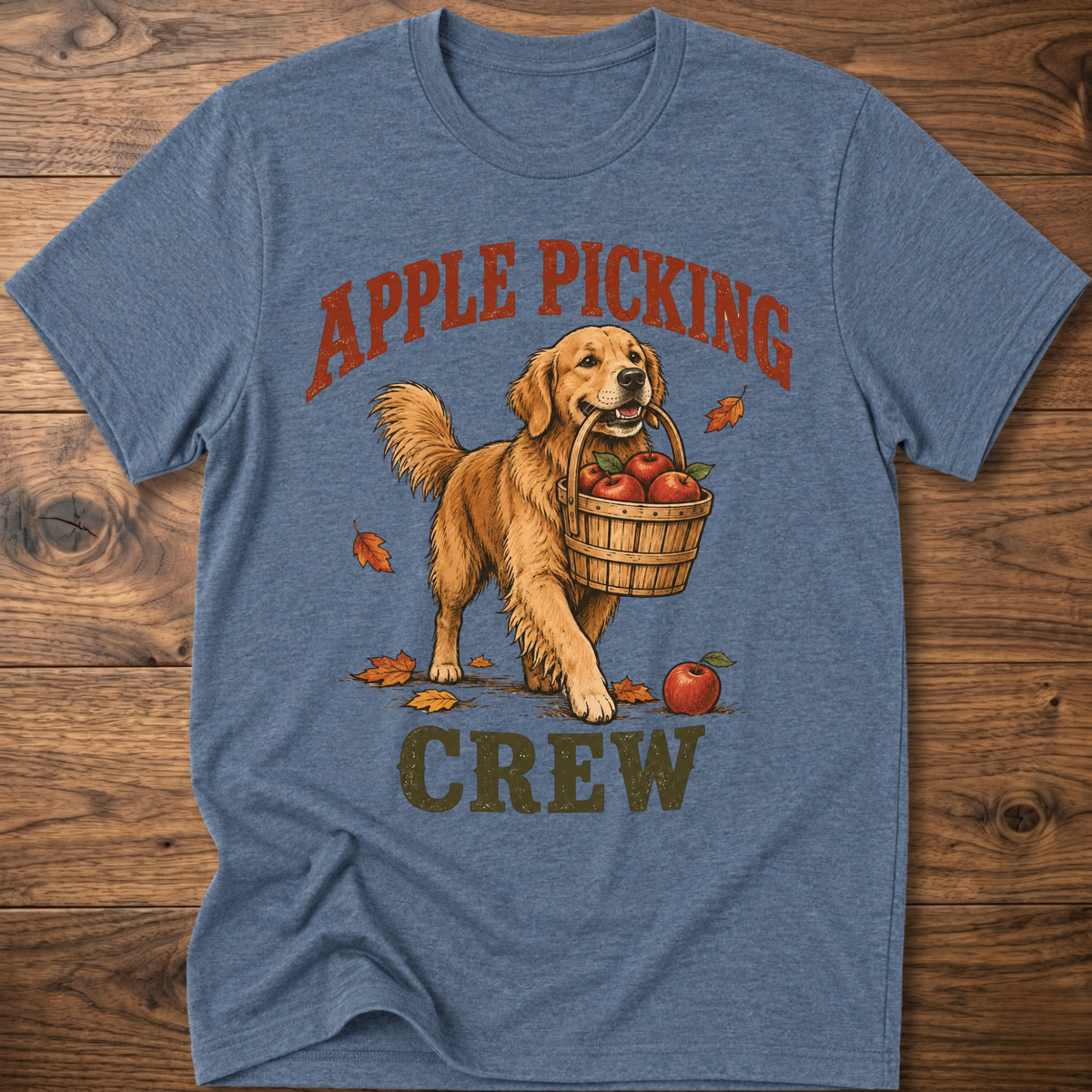 Heather blue dog T-shirt with “Apple Picking Crew” graphic and apple basket