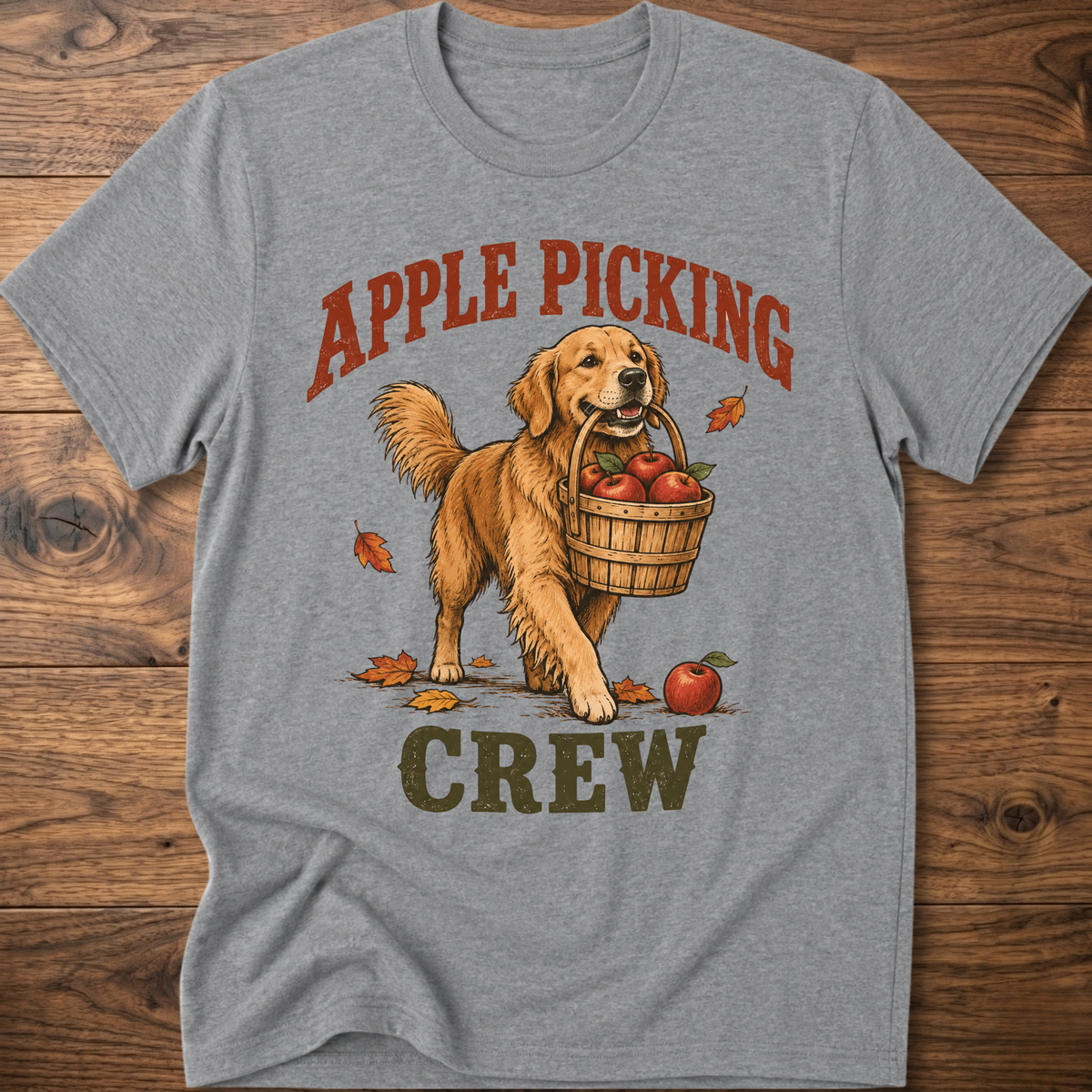 Heather gray dog T-shirt with “Apple Picking Crew” graphic and apple basket