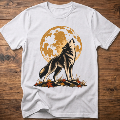 Harvest Moon wolf graphic t-shirt in white with full-moon wolf and autumn foliage print