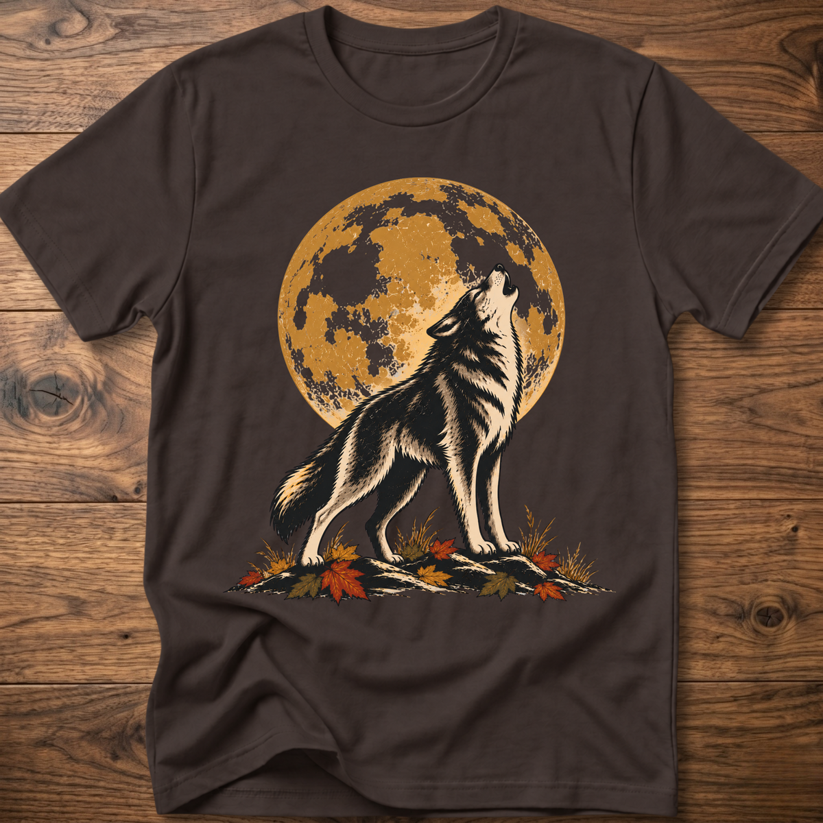 Harvest Moon wolf graphic t-shirt in dark brown with full-moon wolf print