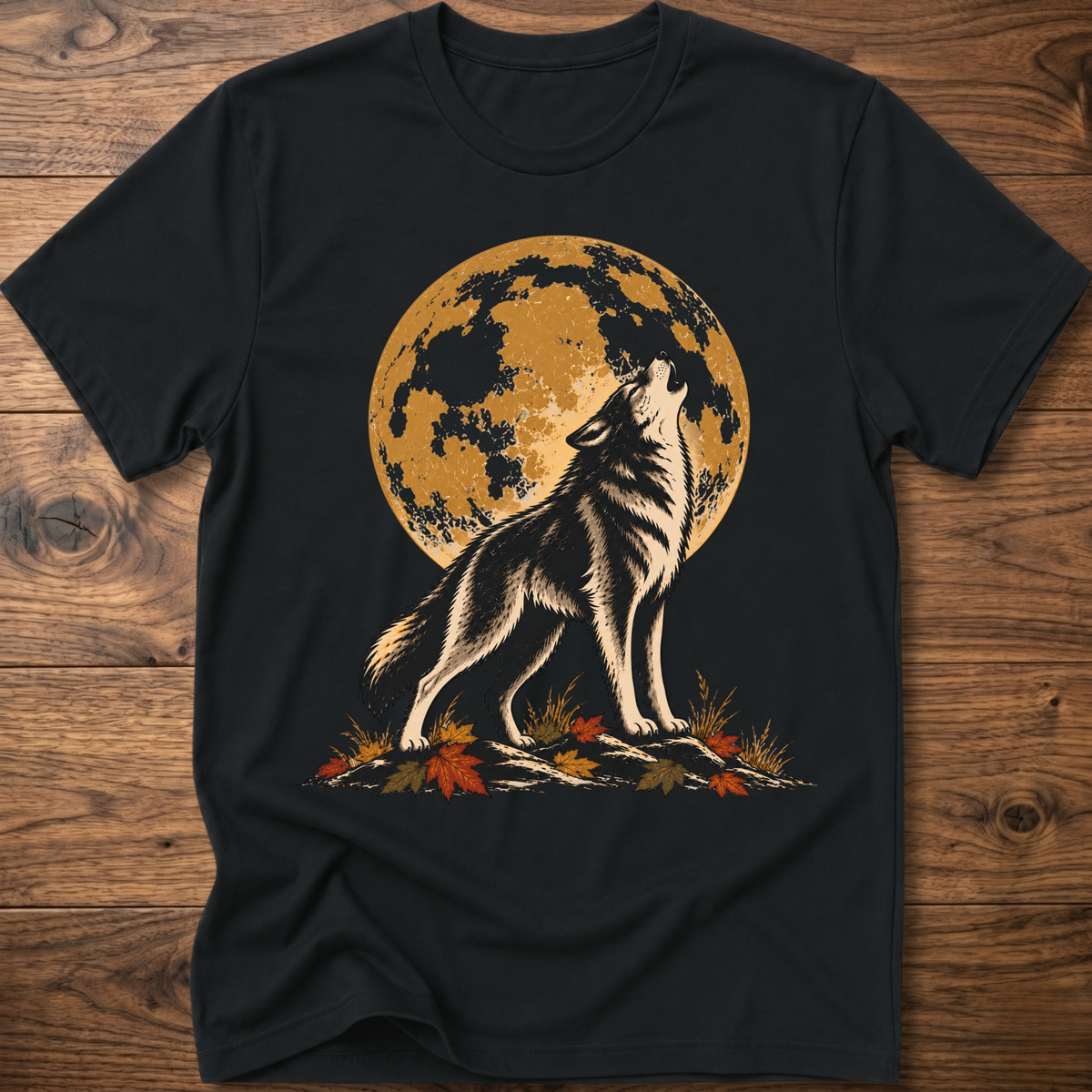 Harvest Moon wolf graphic t-shirt in black with full-moon wolf and autumn foliage print