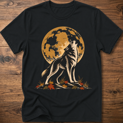Harvest Moon wolf graphic t-shirt in black with full-moon wolf and autumn foliage print