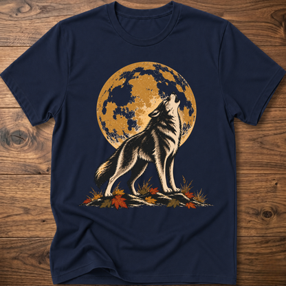 Harvest Moon wolf graphic t-shirt in navy with full-moon wolf and autumn foliage print