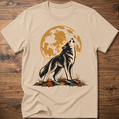 Harvest Moon wolf graphic t-shirt in sand with full-moon wolf and autumn foliage print