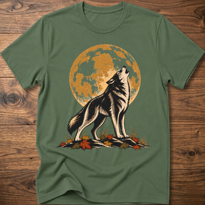 Harvest Moon wolf graphic t-shirt in military green with full-moon wolf and autumn foliage print