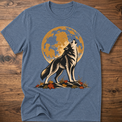 Harvest Moon wolf graphic t-shirt in heather blue with full-moon wolf and autumn foliage print