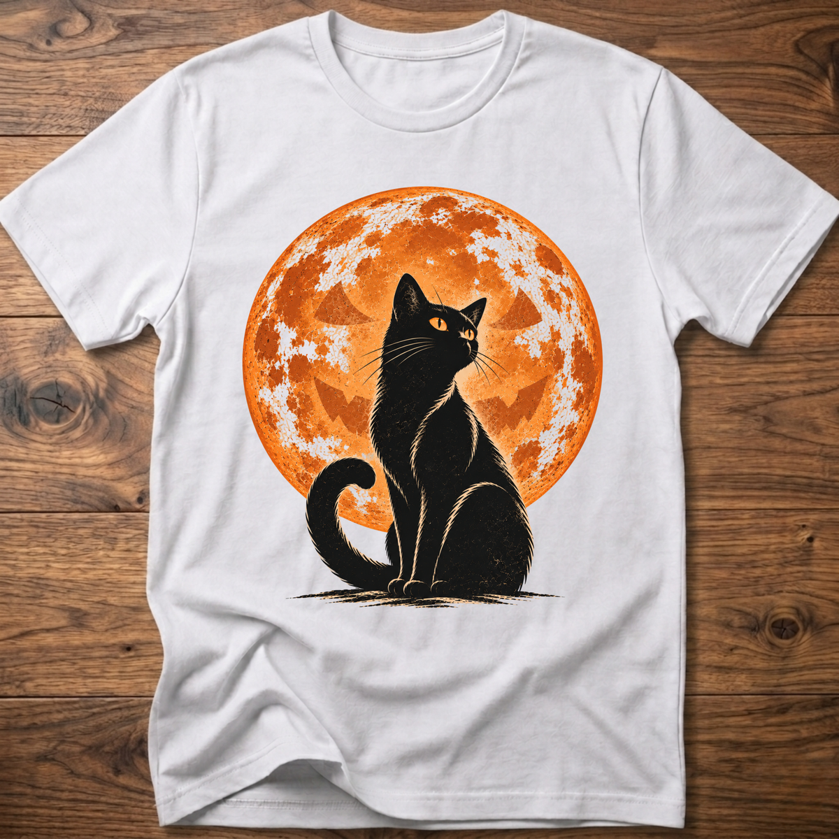 White t-shirt with black cat jack-o-lantern moon graphic on front
