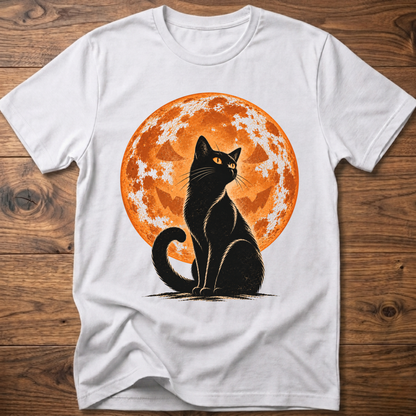 White t-shirt with black cat jack-o-lantern moon graphic on front