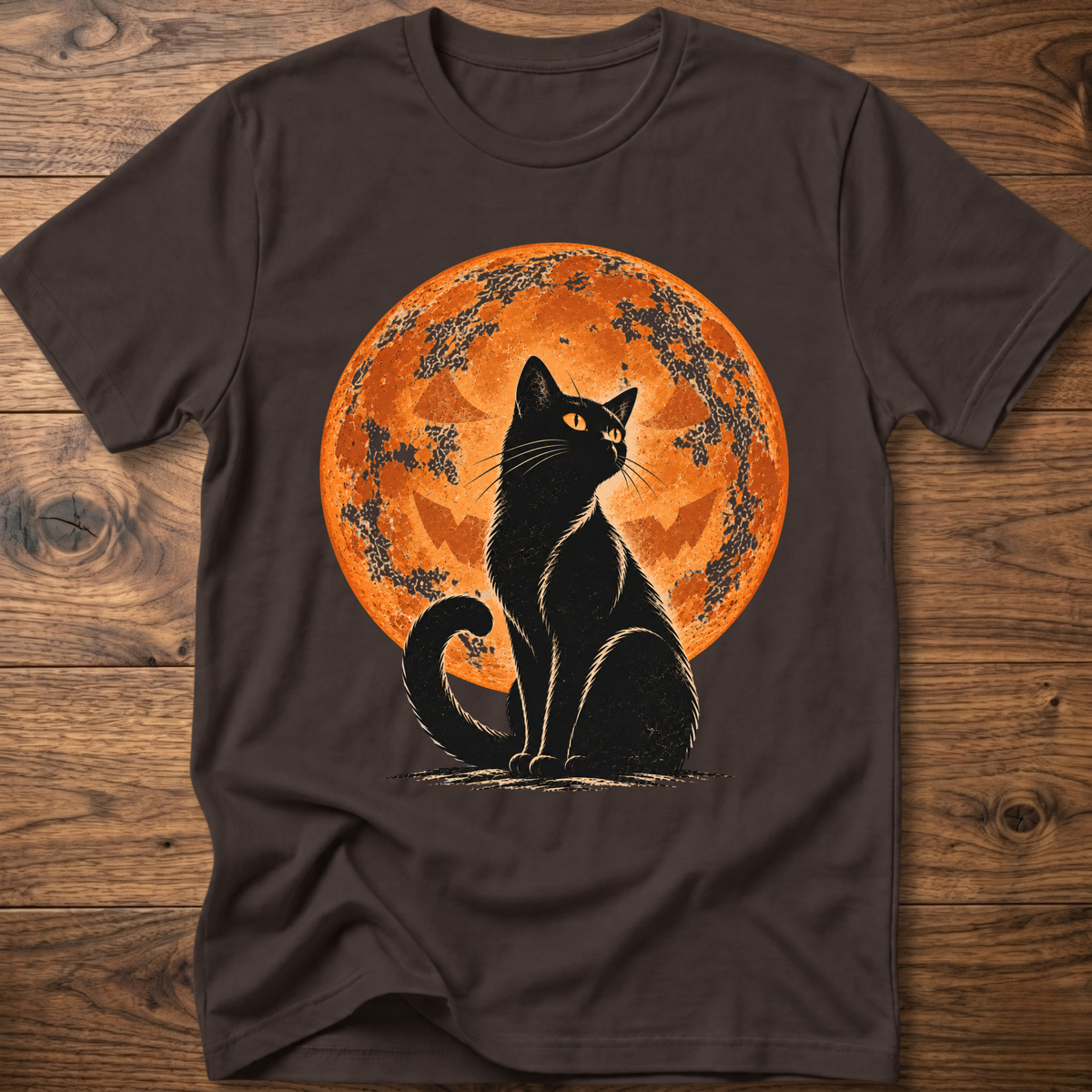 Dark chocolate t-shirt with black cat jack-o-lantern moon graphic on front