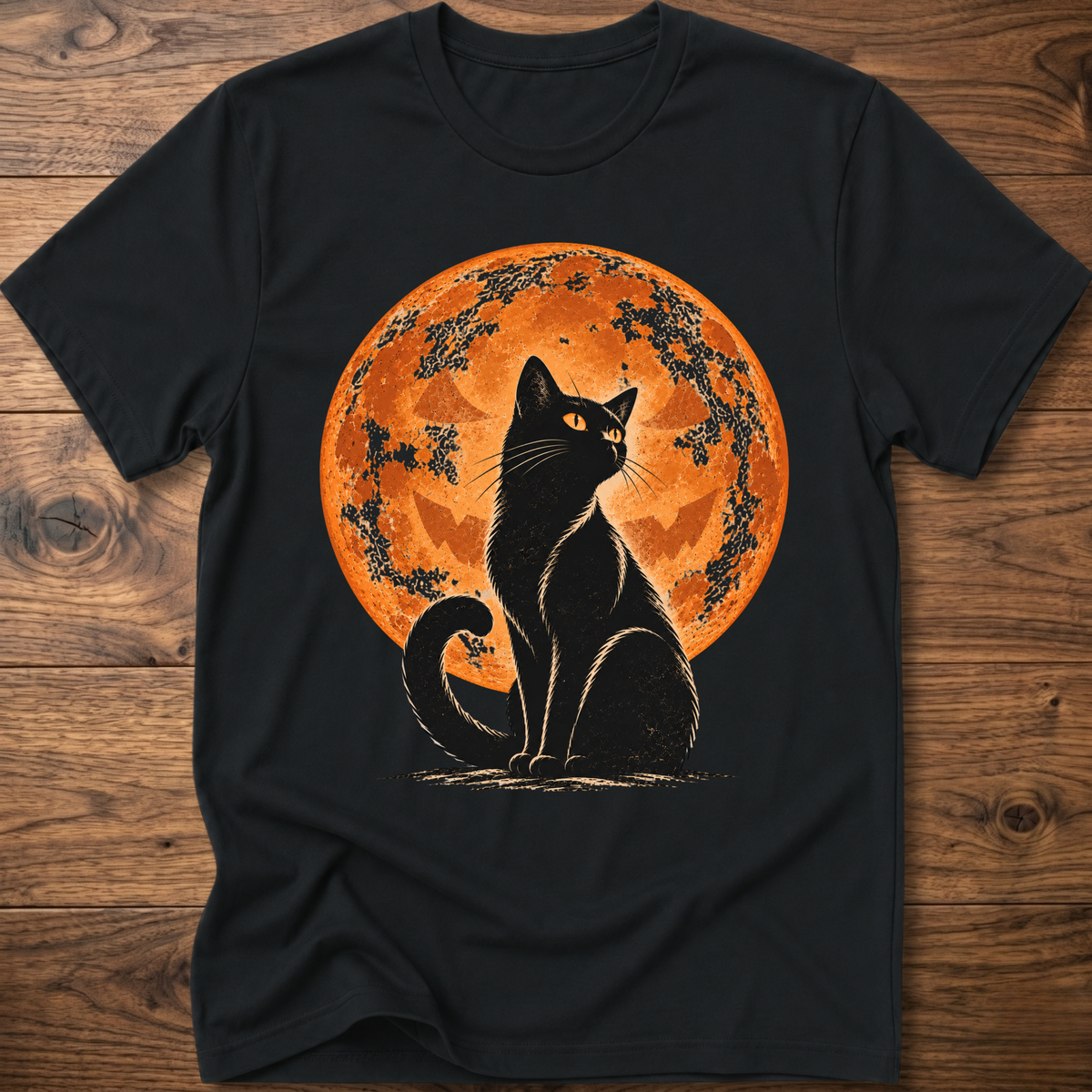 Black t-shirt with black cat jack-o-lantern moon graphic on front