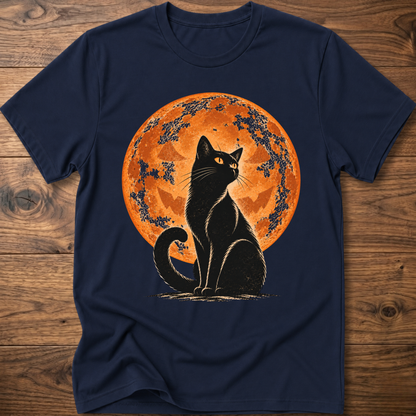 Navy t-shirt with black cat jack-o-lantern moon graphic on front