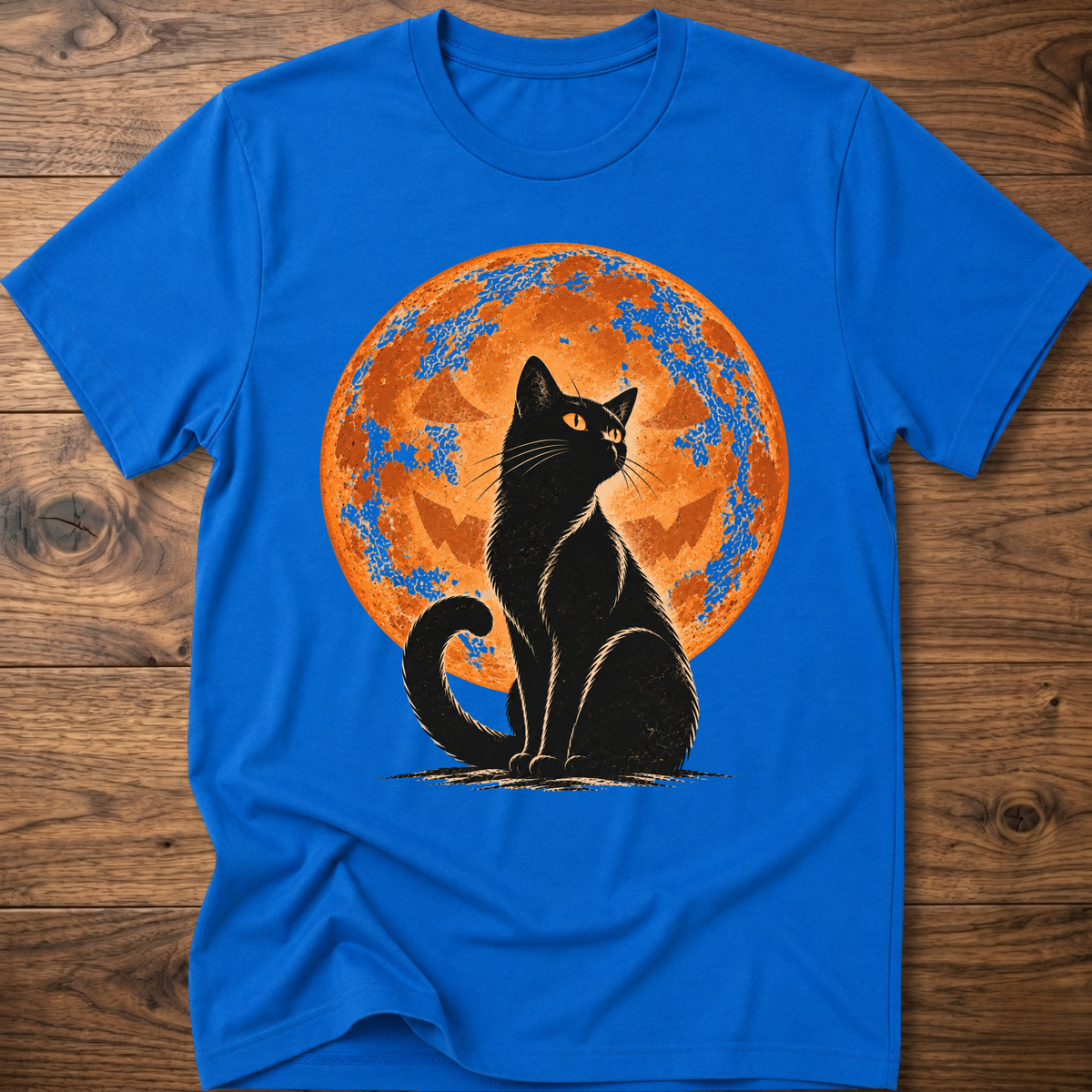 Royal blue t-shirt with black cat jack-o-lantern moon graphic on front