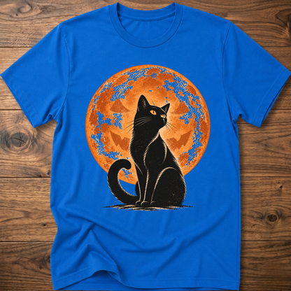 Royal blue t-shirt with black cat jack-o-lantern moon graphic on front