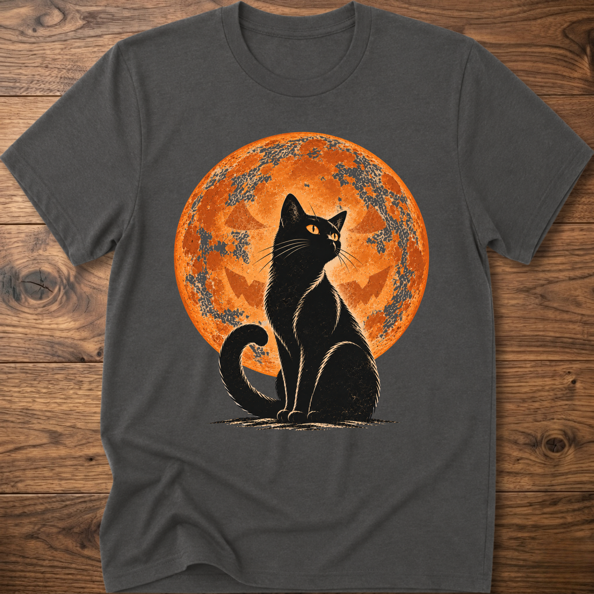 Charcoal t-shirt with black cat jack-o-lantern moon graphic on front