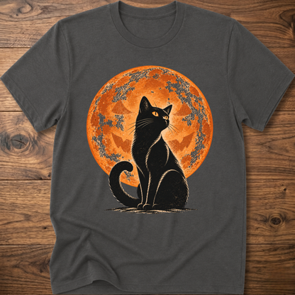 Charcoal t-shirt with black cat jack-o-lantern moon graphic on front