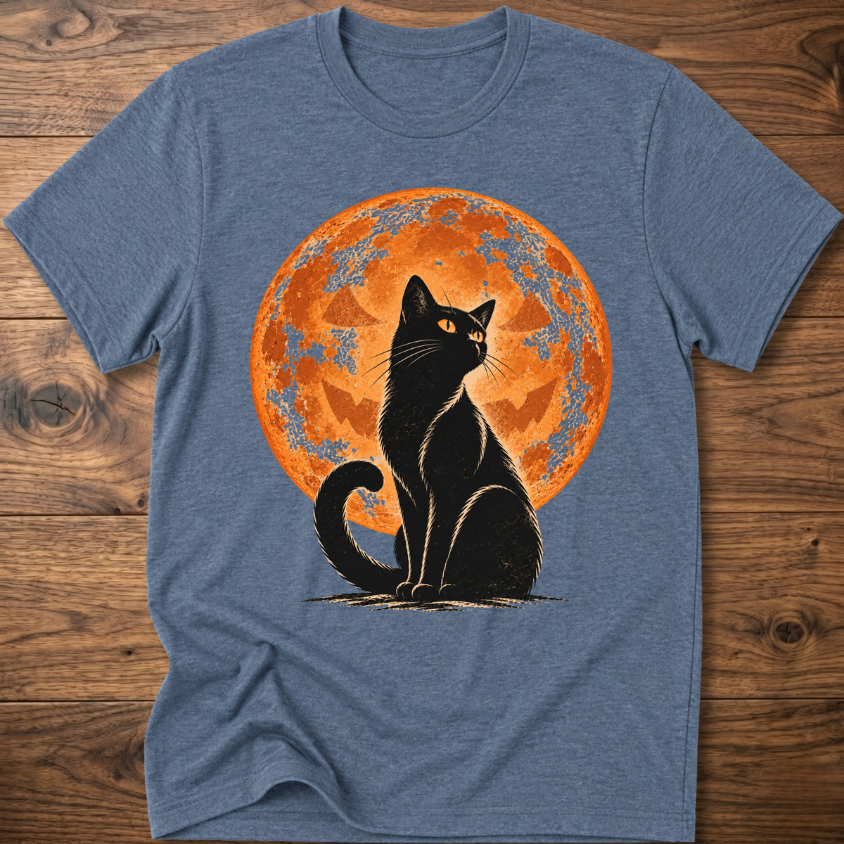 Heather blue t-shirt with black cat jack-o-lantern moon graphic on front