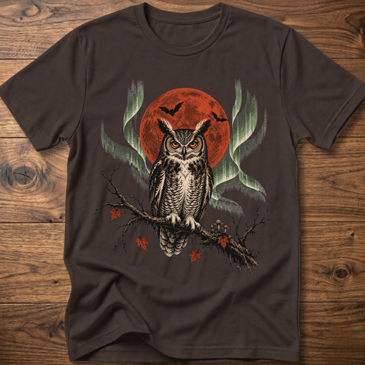 Dark chocolate crew-neck T-shirt with owl and red moon graphic on front