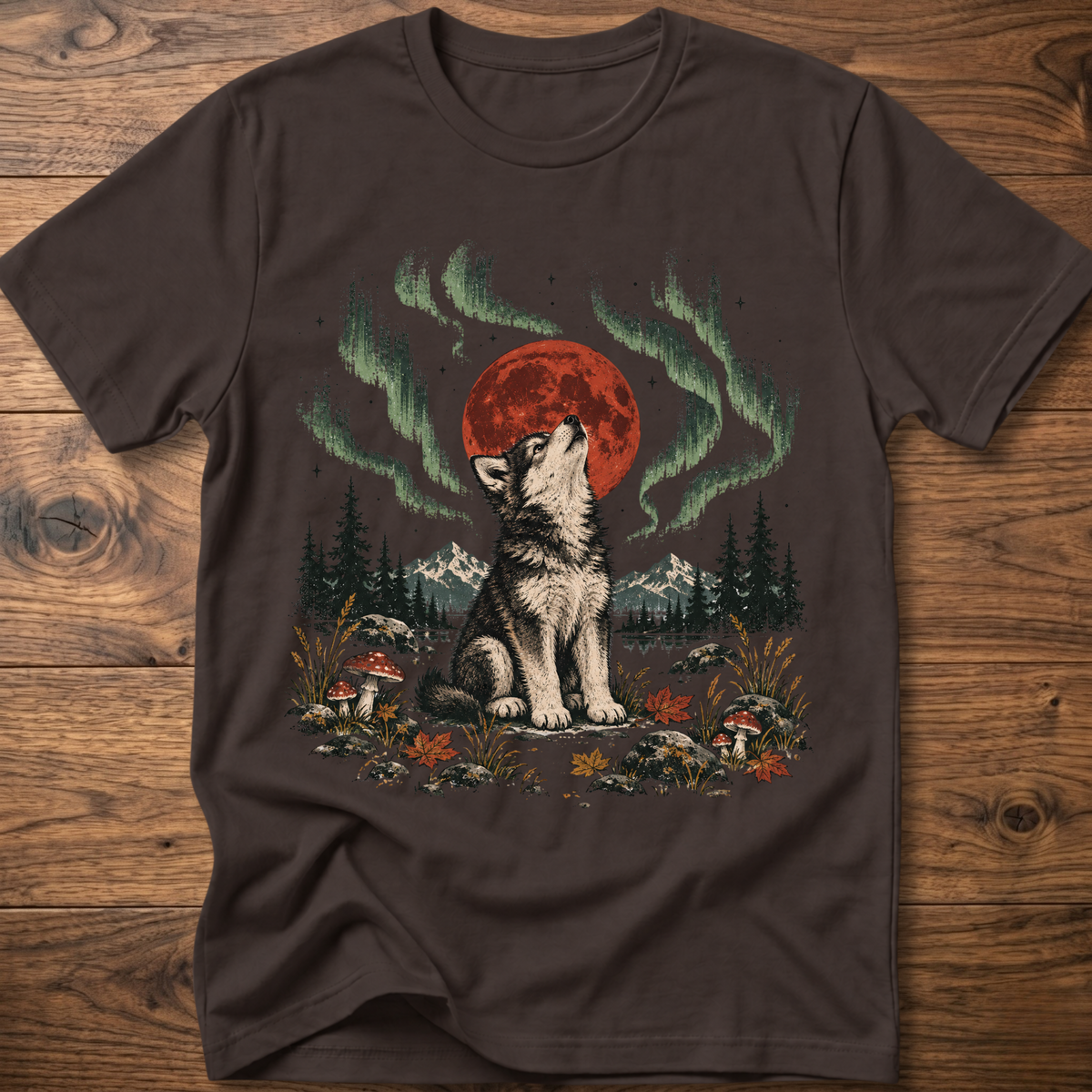 Dark chocolate t-shirt with seated wolf, red moon, green aurora landscape graphic.
