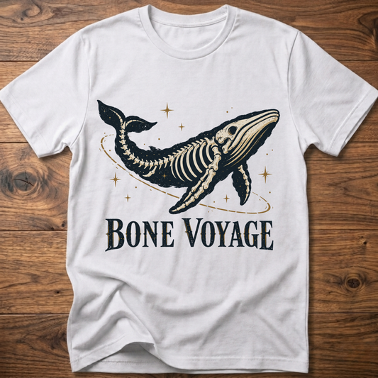 White whale graphic t-shirt with 'Bone Voyage' text and skeleton whale front print